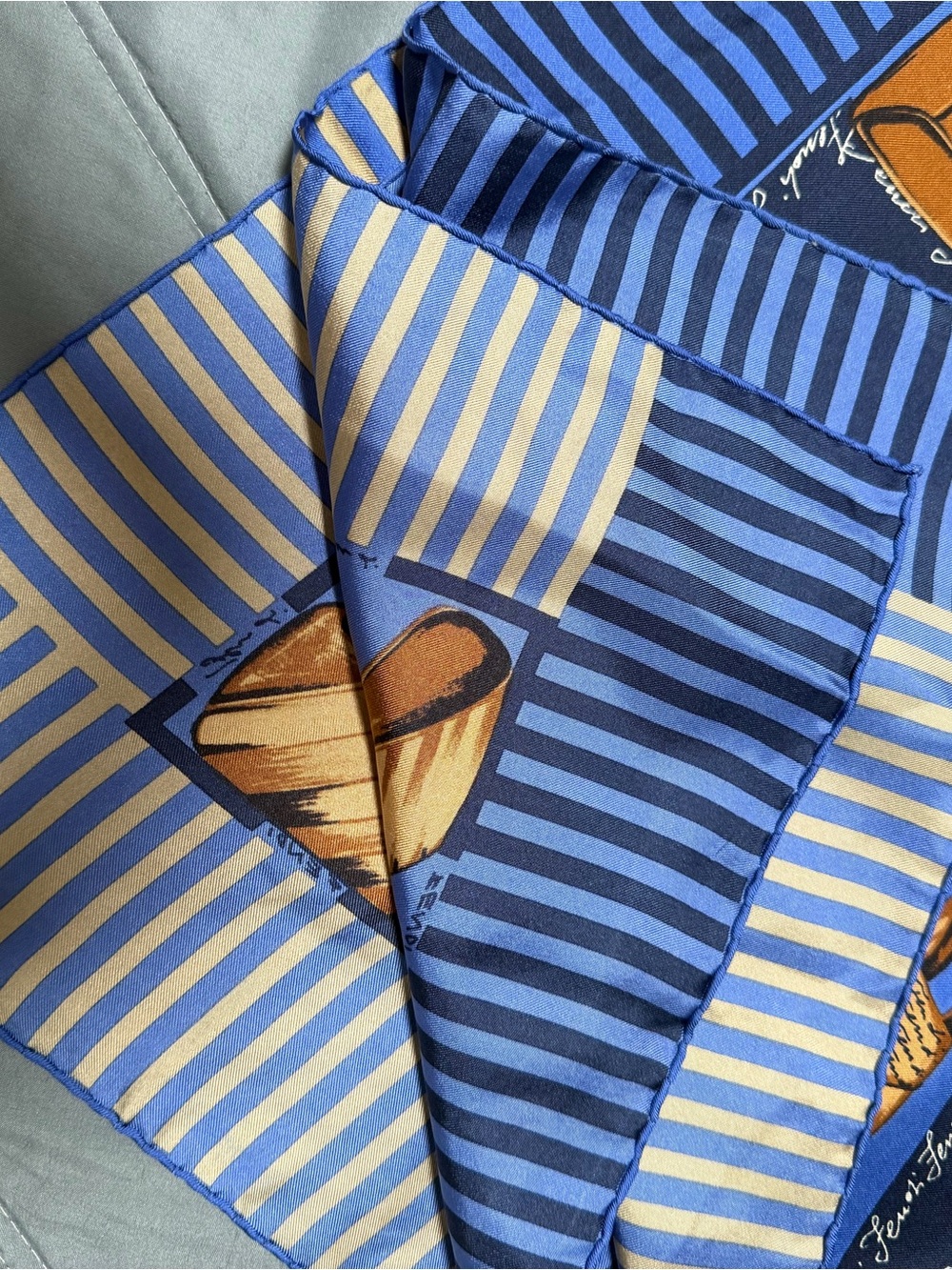 Fendi Blue Striped Silk Scarf with Tan Logo Tag - Picture 7 of 7
